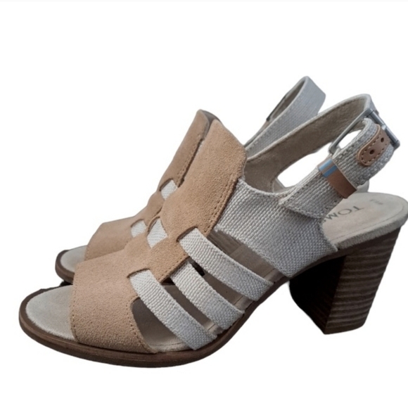 TOMS Women's Suede Tan and Cream Block Heel Sandals - Picture 1 of 9